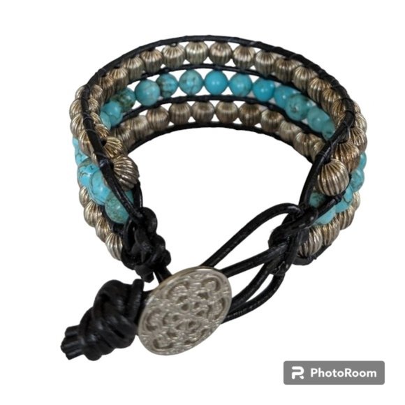 Leather Cord Cuff Bracelet with Teal Howlite and Silver Metal Beads - Picture 2 of 6